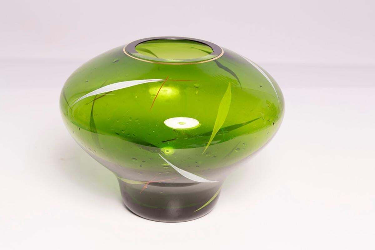 Mid Century Green Hand Painted Crystal Vase, Europe, 1960s photo vintage