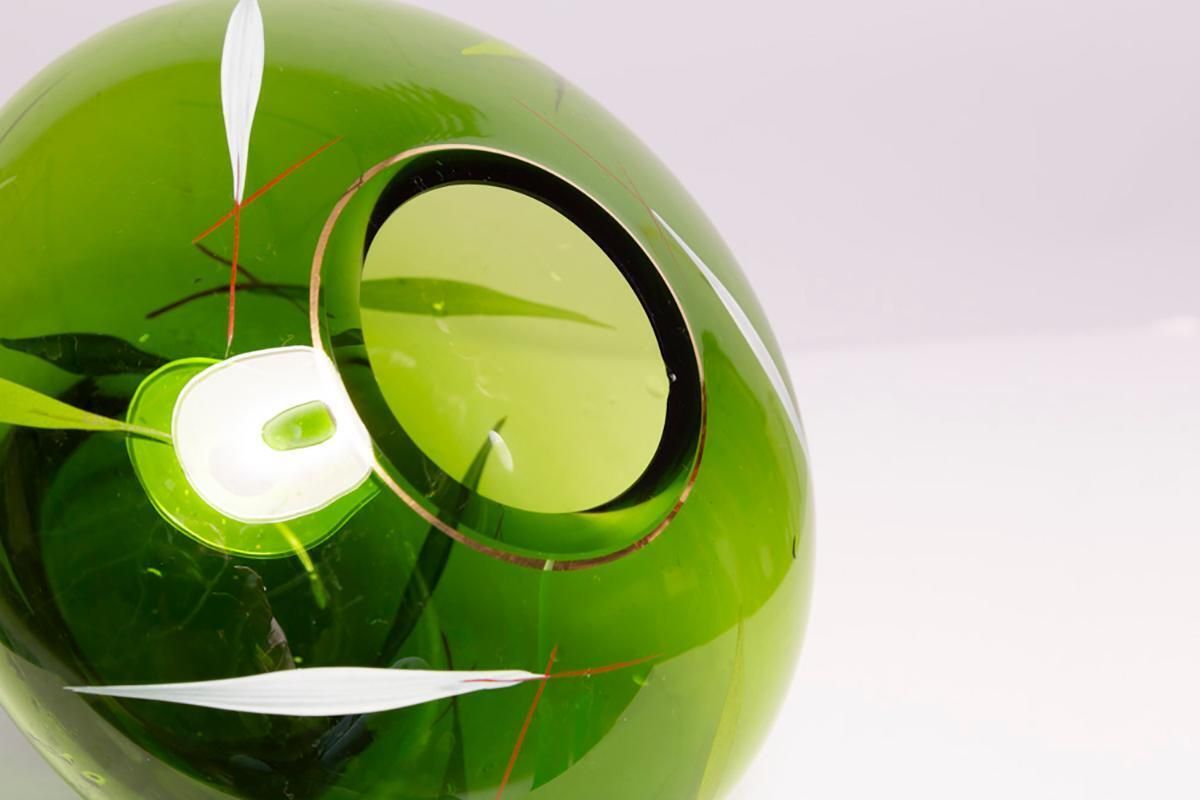 photo for sale Mid Century Green Hand Painted Crystal Vase, Europe, 1960s