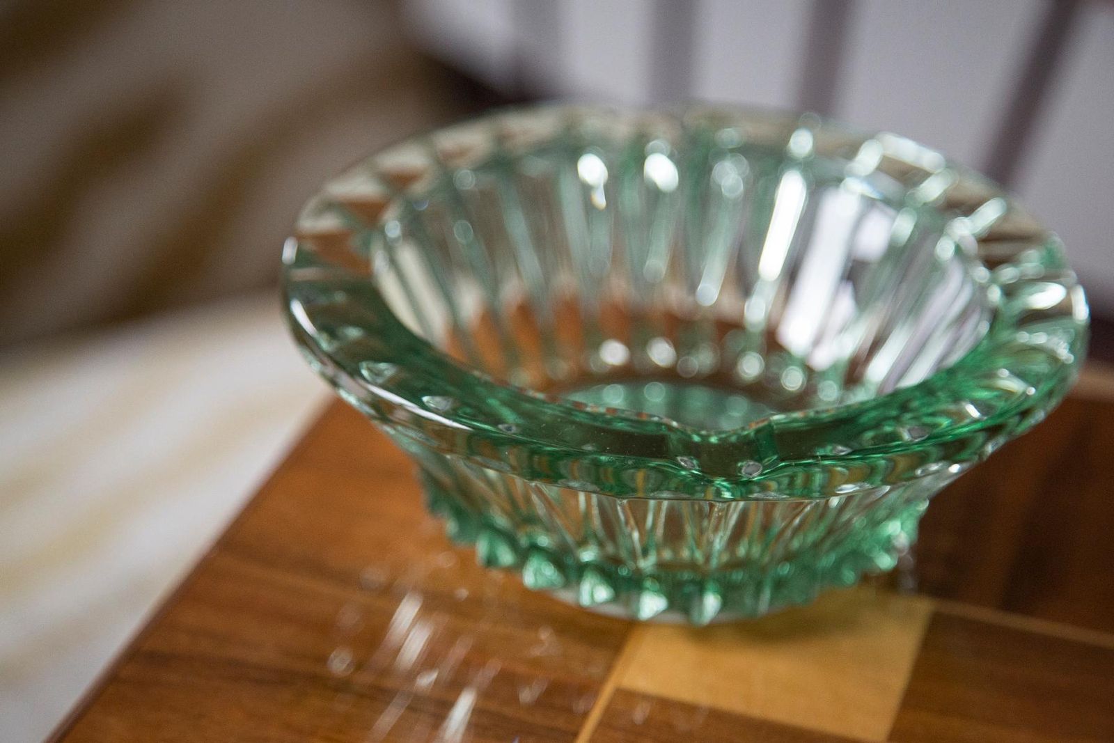 Mid Century Crystal Green Glass Ashtray Bowl, Italy, 1970s photo for sale