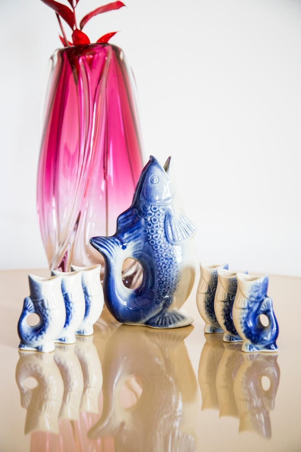 Blue Fish Glass Decanter And Glasses, 20th Century, Europe, 1960s photo Home Decor