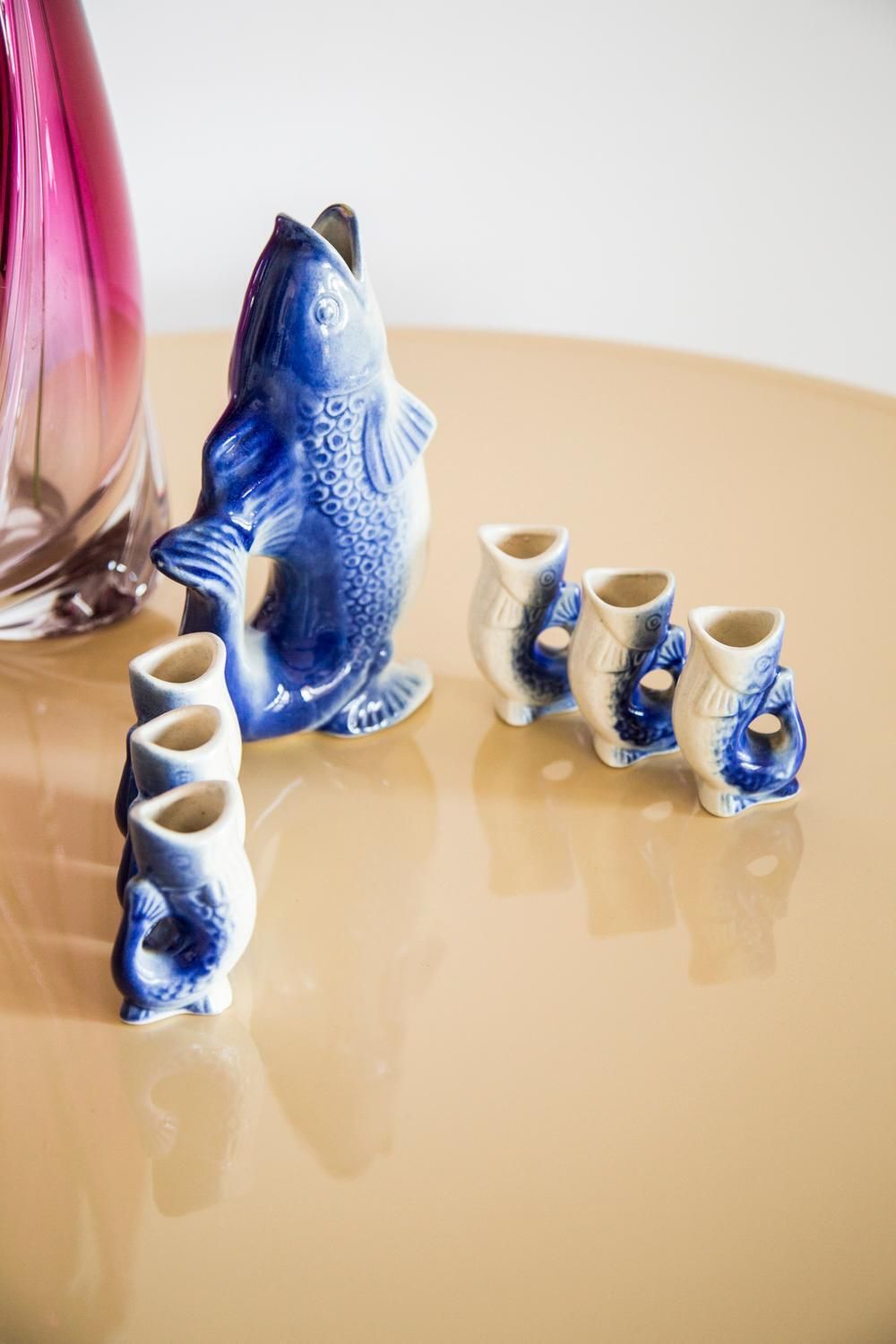 Blue Fish Glass Decanter And Glasses, 20th Century, Europe, 1960s photo 340.0