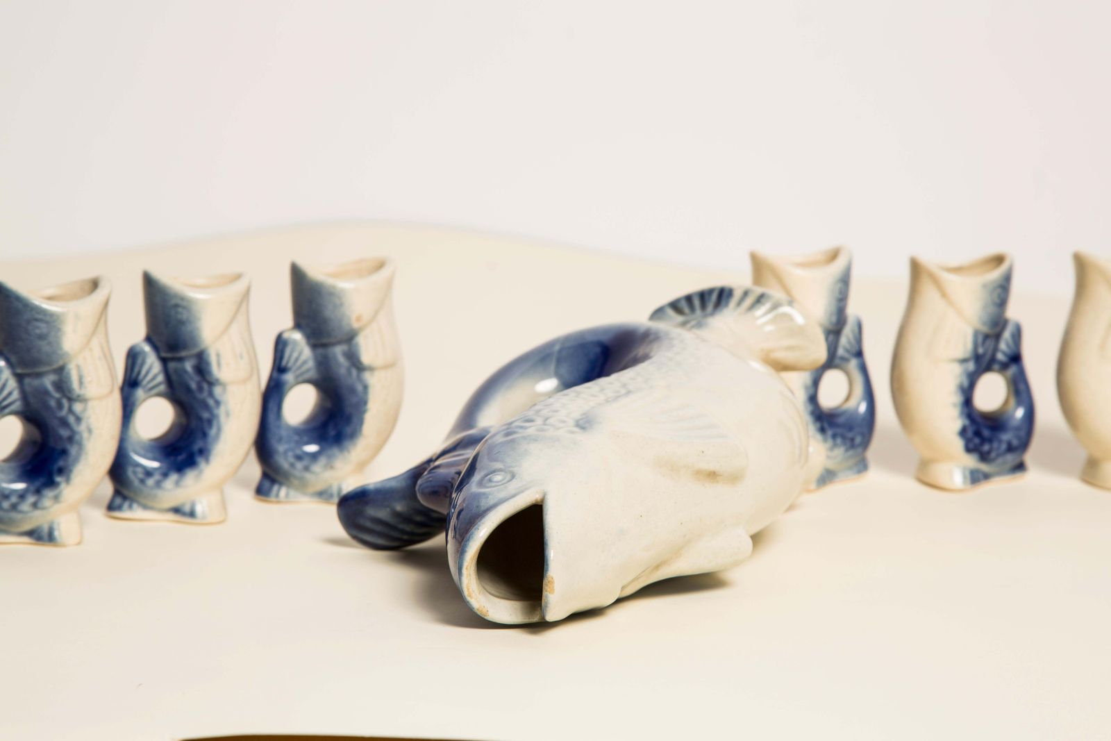 photo for sale Blue Fish Glass Decanter And Glasses, 20th Century, Europe, 1960s