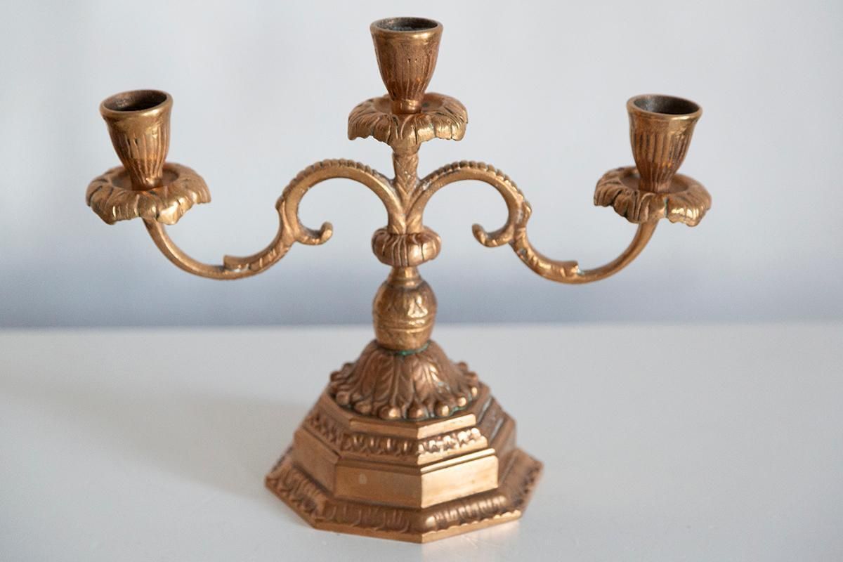 20th Century Metal Gold Decorative Candlesticks, Menora, France, 1960s photo vinterior