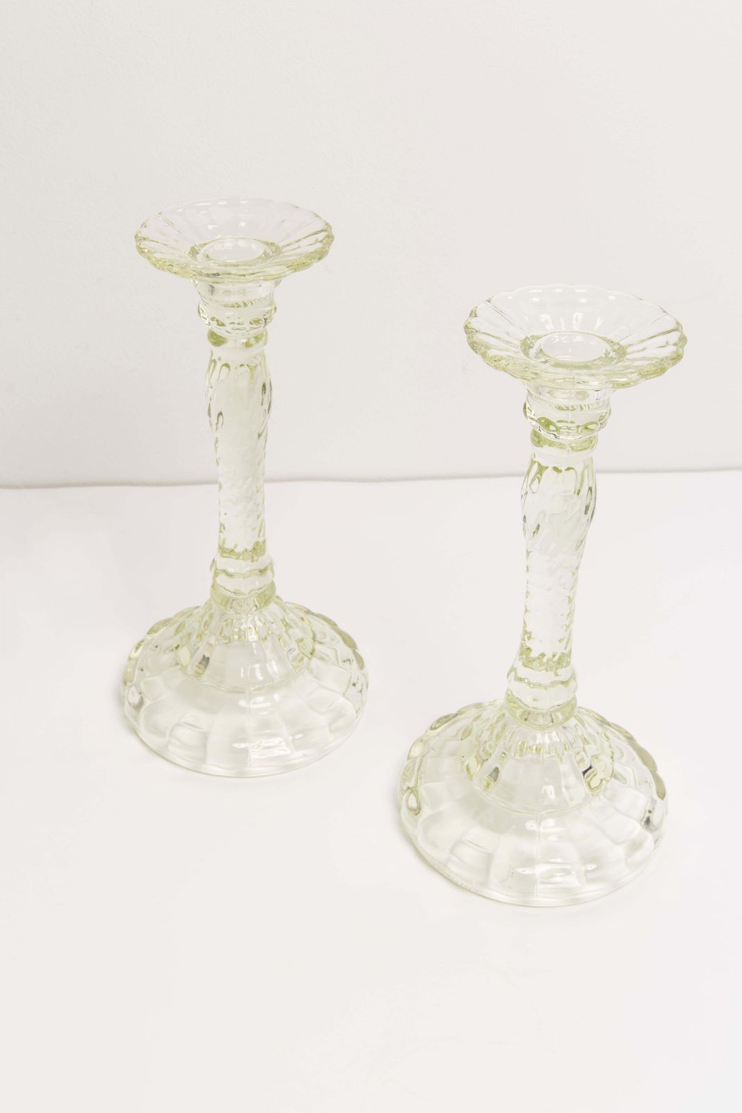 Set Of Two Mid Century Light Green Glass Candlesticks, Europe, 1960s photo for sale