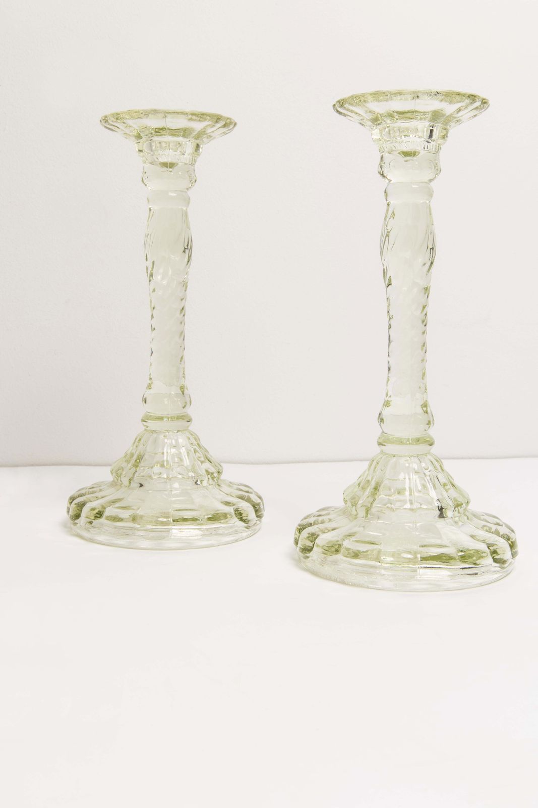 Set Of Two Mid Century Light Green Glass Candlesticks, Europe, 1960s photo Home Decor