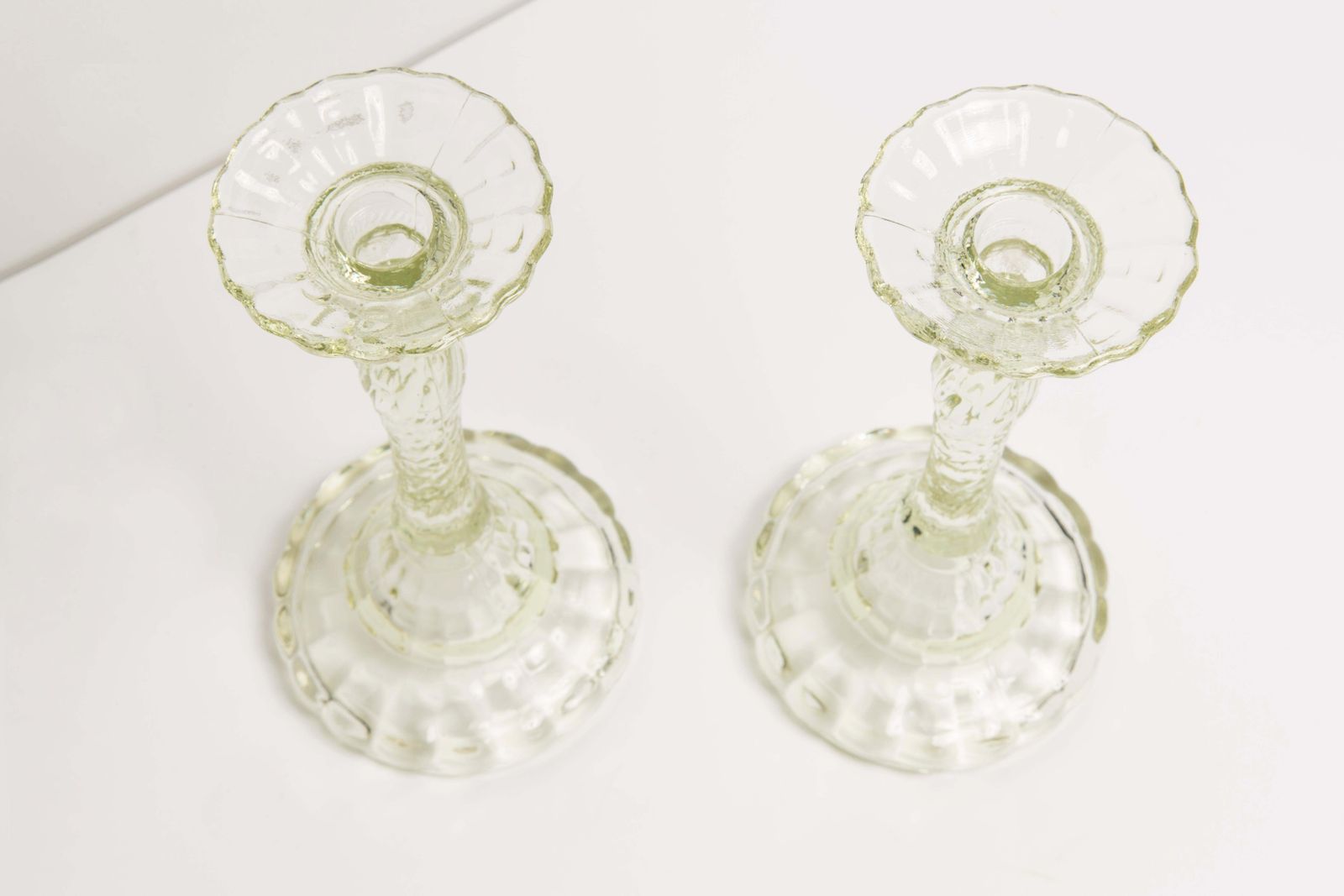 Set Of Two Mid Century Light Green Glass Candlesticks, Europe, 1960s photo vinterior