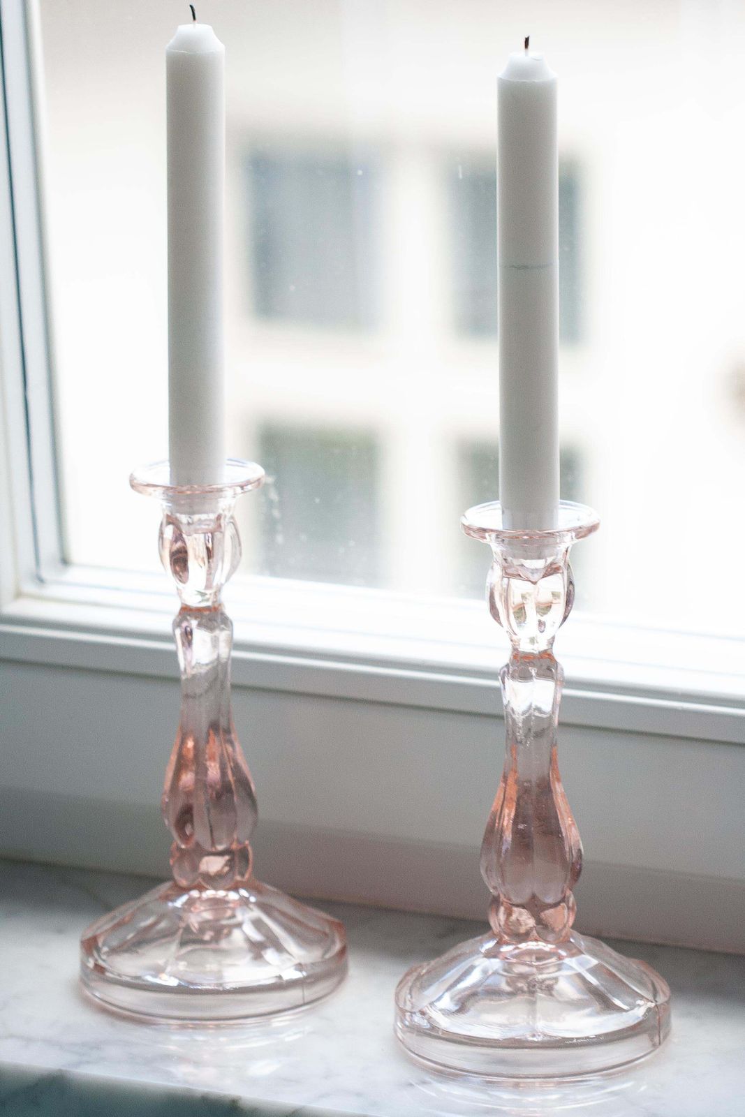Set Of Two Mid Century Light Rose Pink Glass Candlesticks, Europe, 1960s photo Home Decor