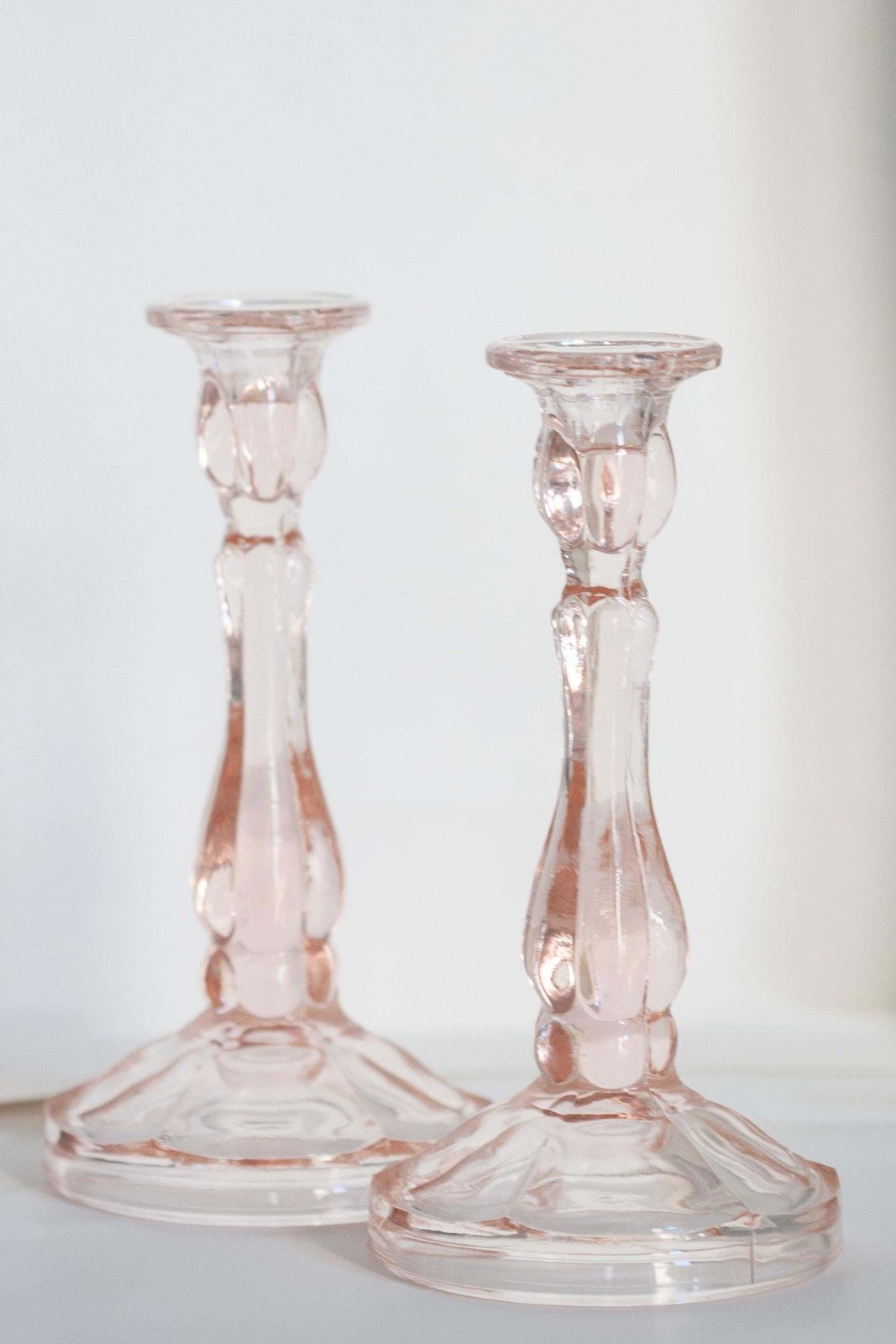 Set Of Two Mid Century Light Rose Pink Glass Candlesticks, Europe, 1960s photo buy