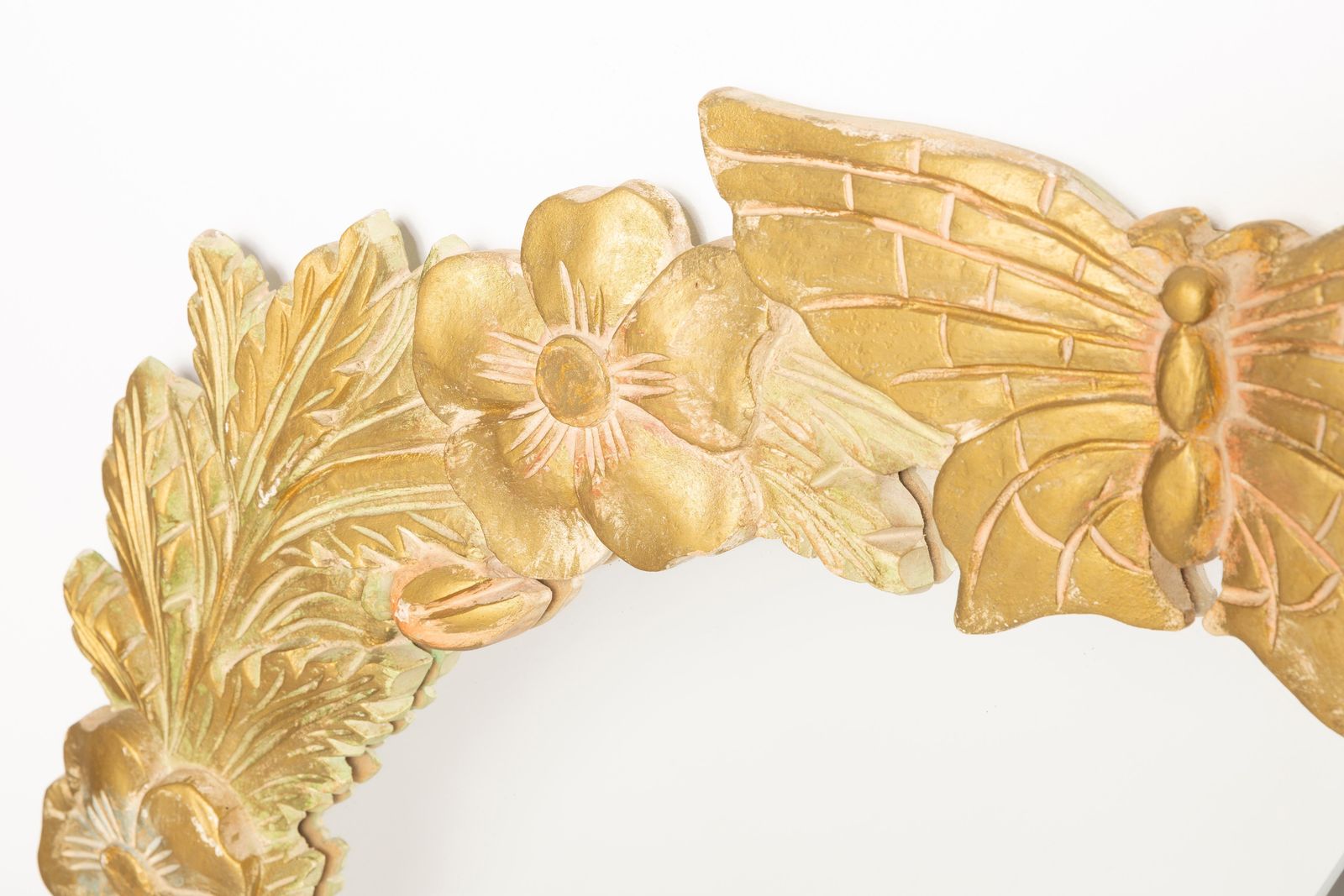 Giant Decorative Gold Wood Mirror With Butterfly And Flowers, Italy, 1960s photo buy