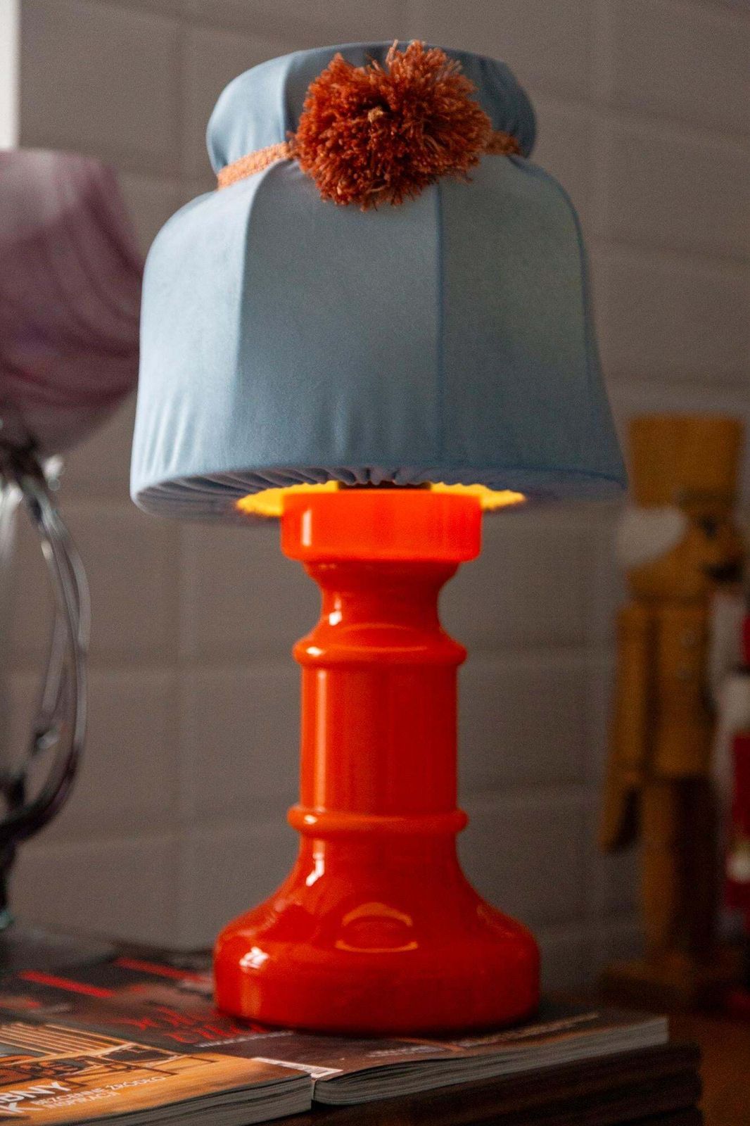 photo vinterior Mid Century Orange And Blue Ceramic And Velvet Table Lamp, Europe, 1960s