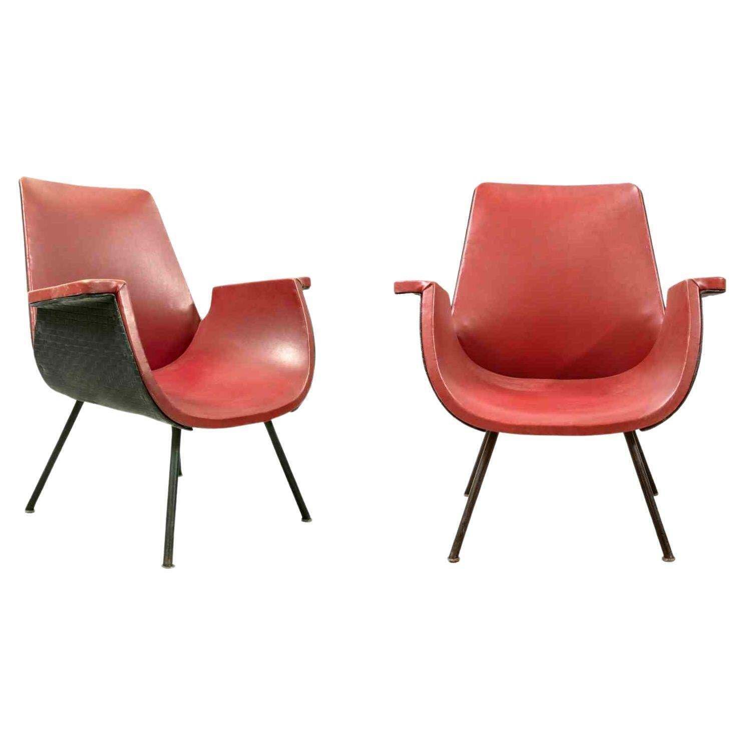 Pair Of Vintage Red Armchairs By Gastone Rinaldi, Mid 20th Century