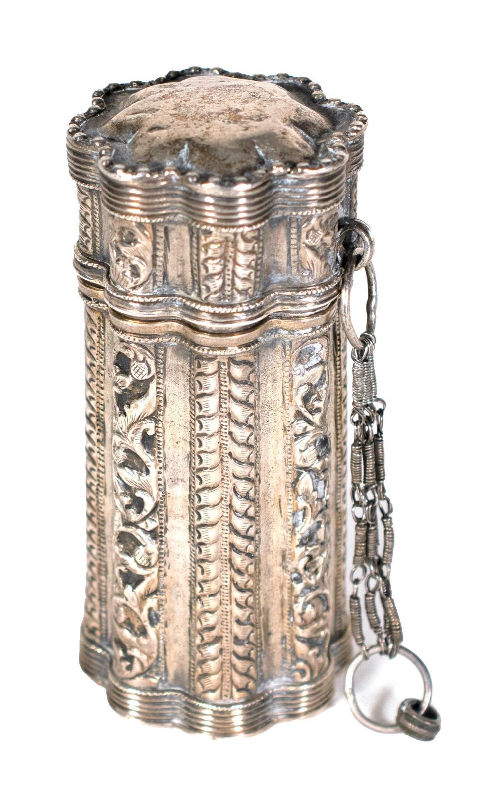 Four Vessels With Indonesian Lids In Repoussé Silver photo for sale