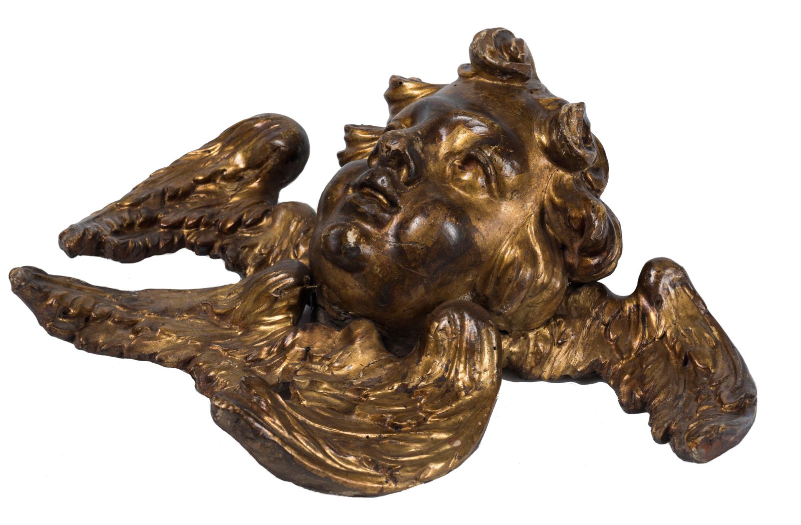 Pair Of Ancient Wooden Gilded Angel Heads, 18th Century photo for sale