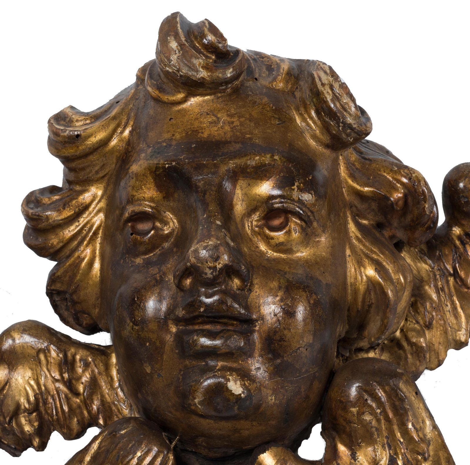 Pair Of Ancient Wooden Gilded Angel Heads, 18th Century photo Art