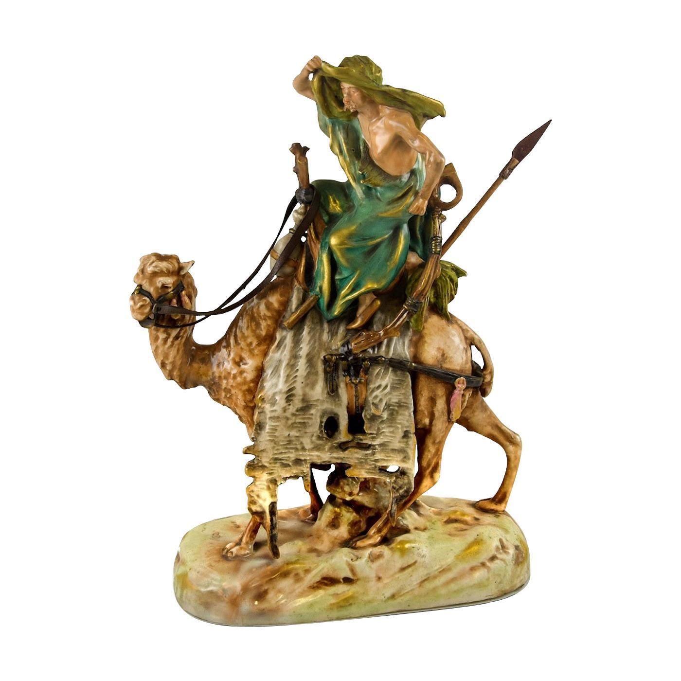 Vintage Ceramic Camel With Bedouin By Friedrich Goldscheider, Wien, 1920s