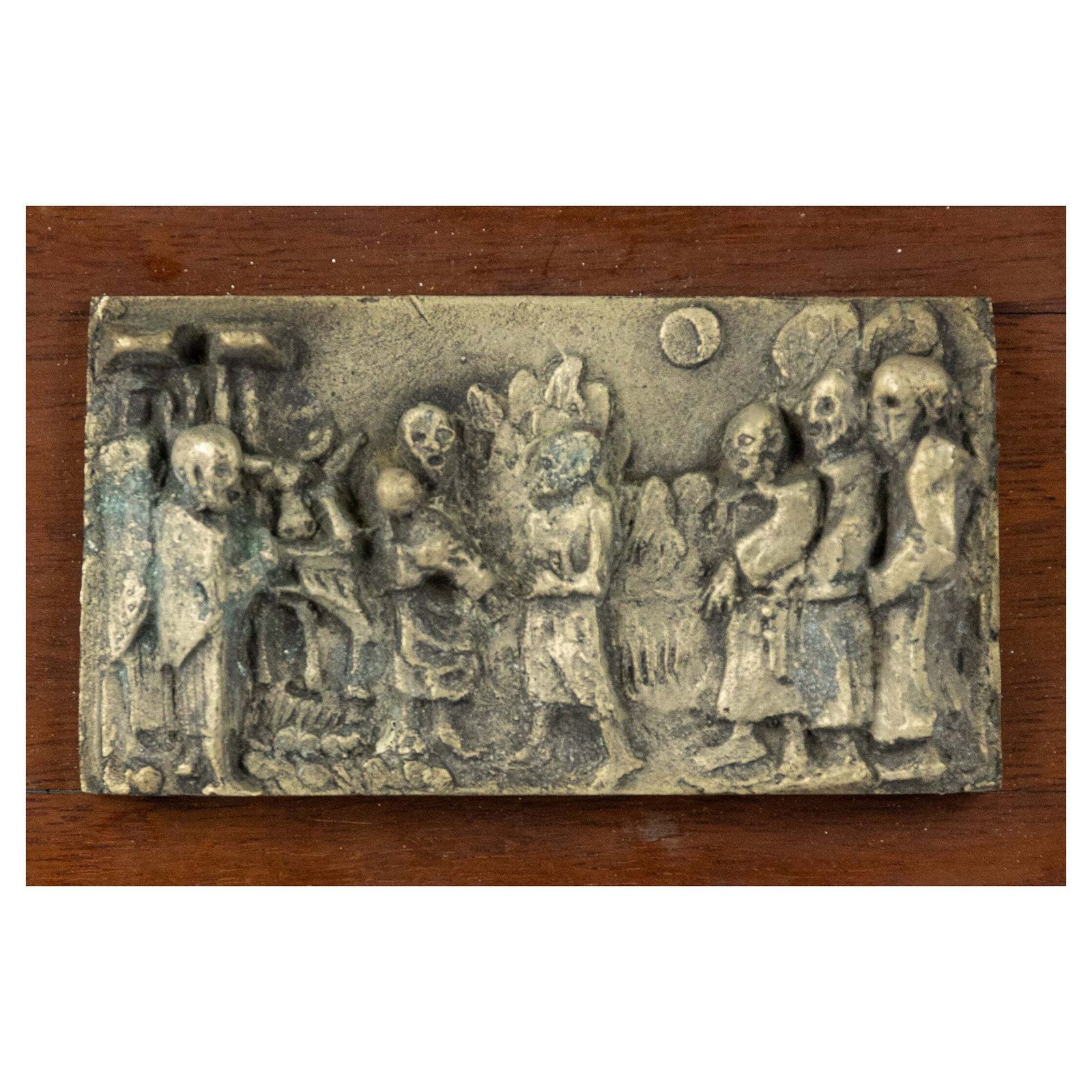 Wood Base With Brass Relief, Early 20th Century