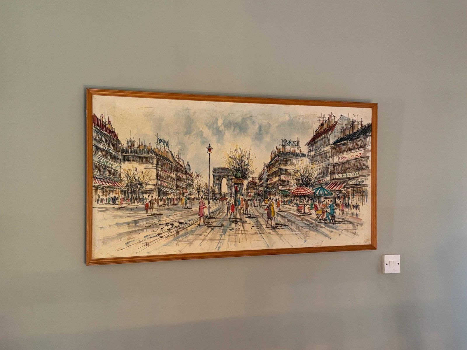 Marie Sadrim Signed Large Oil On Canvas Parisian Scene Framed 1970s
