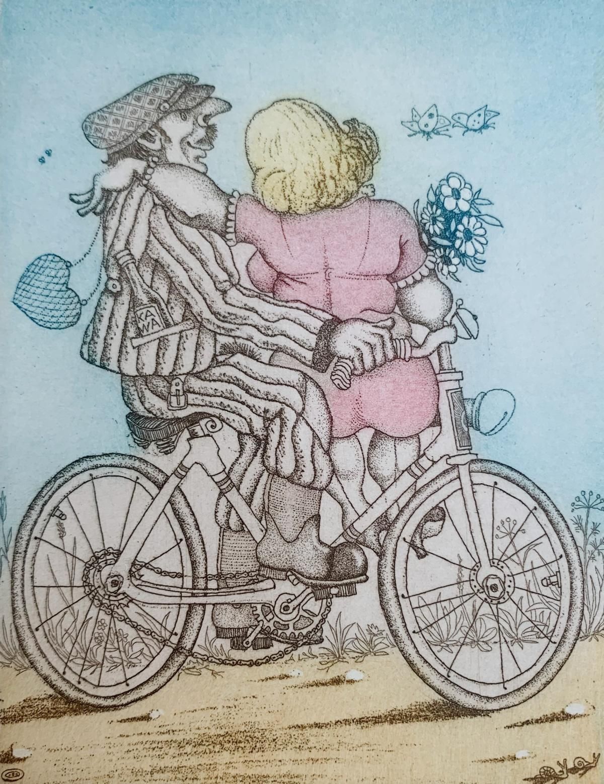 Marian Bocianowskia Bike. Contemporary Figurative Print, A Couple, Satire, Polish Artist2009