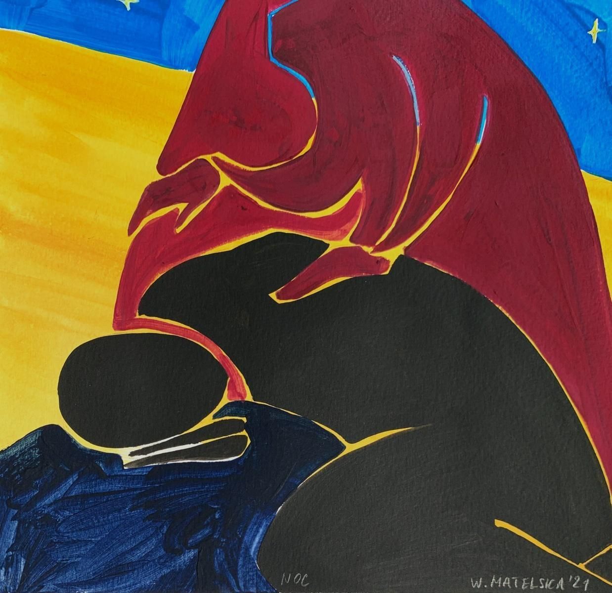 Waleria Matelskaa Night   Figurative Painting On Paper, Young Art, Minimalism, Vibrant 2021 photo furniture