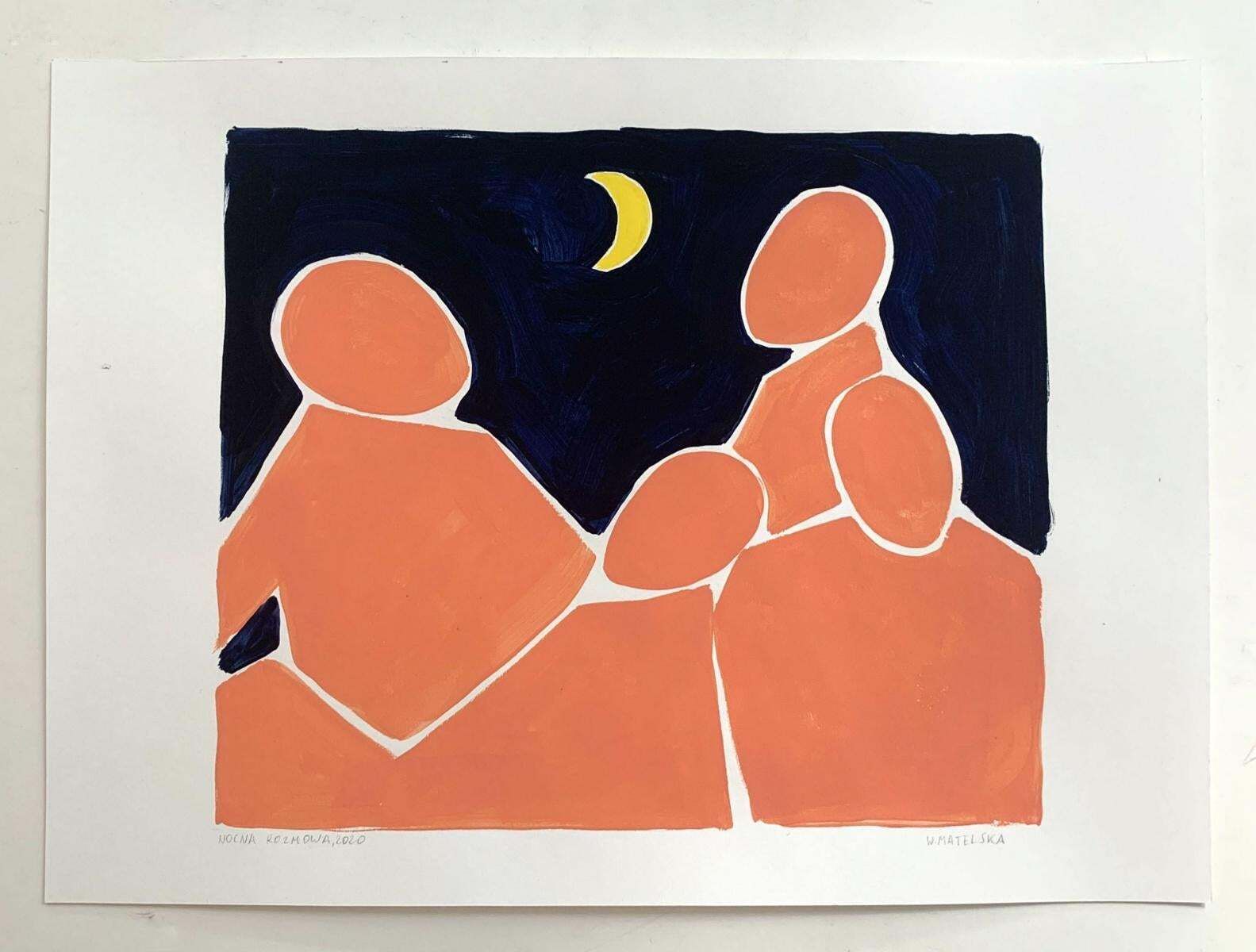 Waleria Matelskanight Conversation   Figurative Acrylic Painting On Paper, Young Art, Minimalism2020 photo furniture