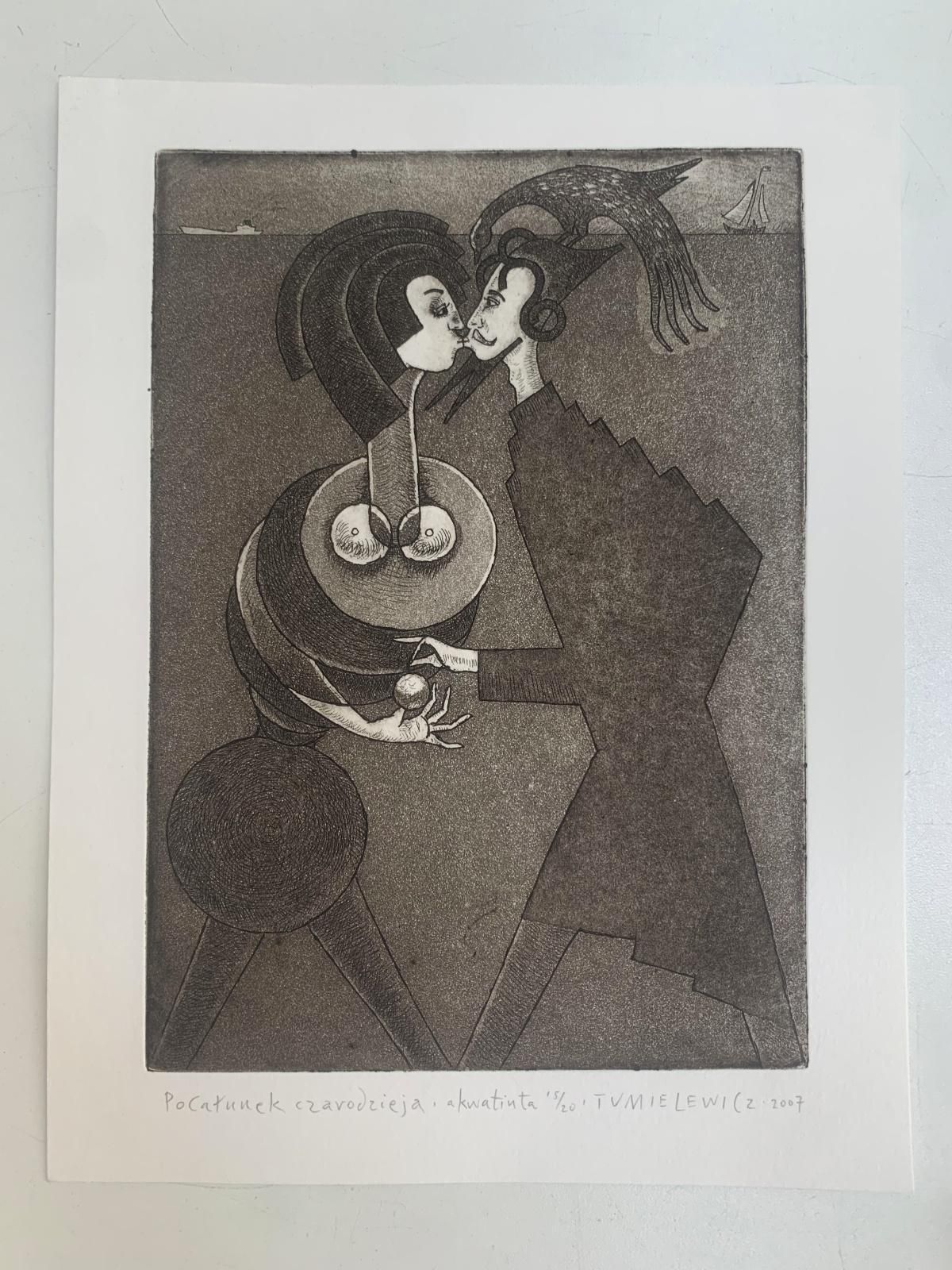 Czeslaw Tumielewiczkiss Of A Wizard. Figurative Etching Print, Monochromatic, Romantic, Polish Art2007 photo 230.0