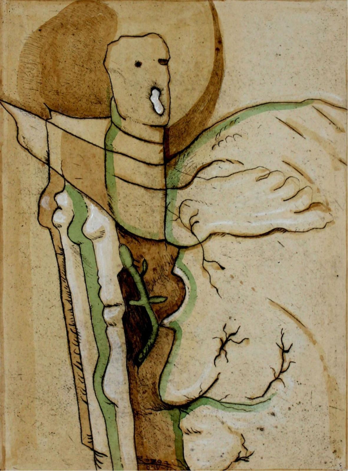Leszek Rózgaegea, An Echo   XX Century, Abstract Etching Print With Watercolor1992