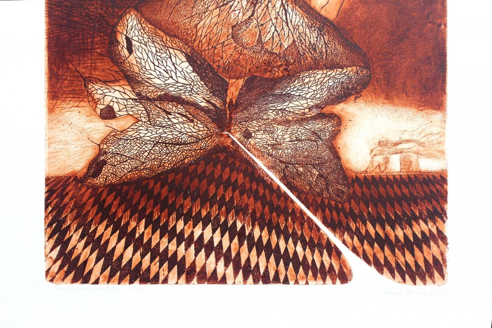 Irena Snarskabutterfly's Tragedy   XX Century, Abstract Etching Print, Monochromatic1990 photo Art