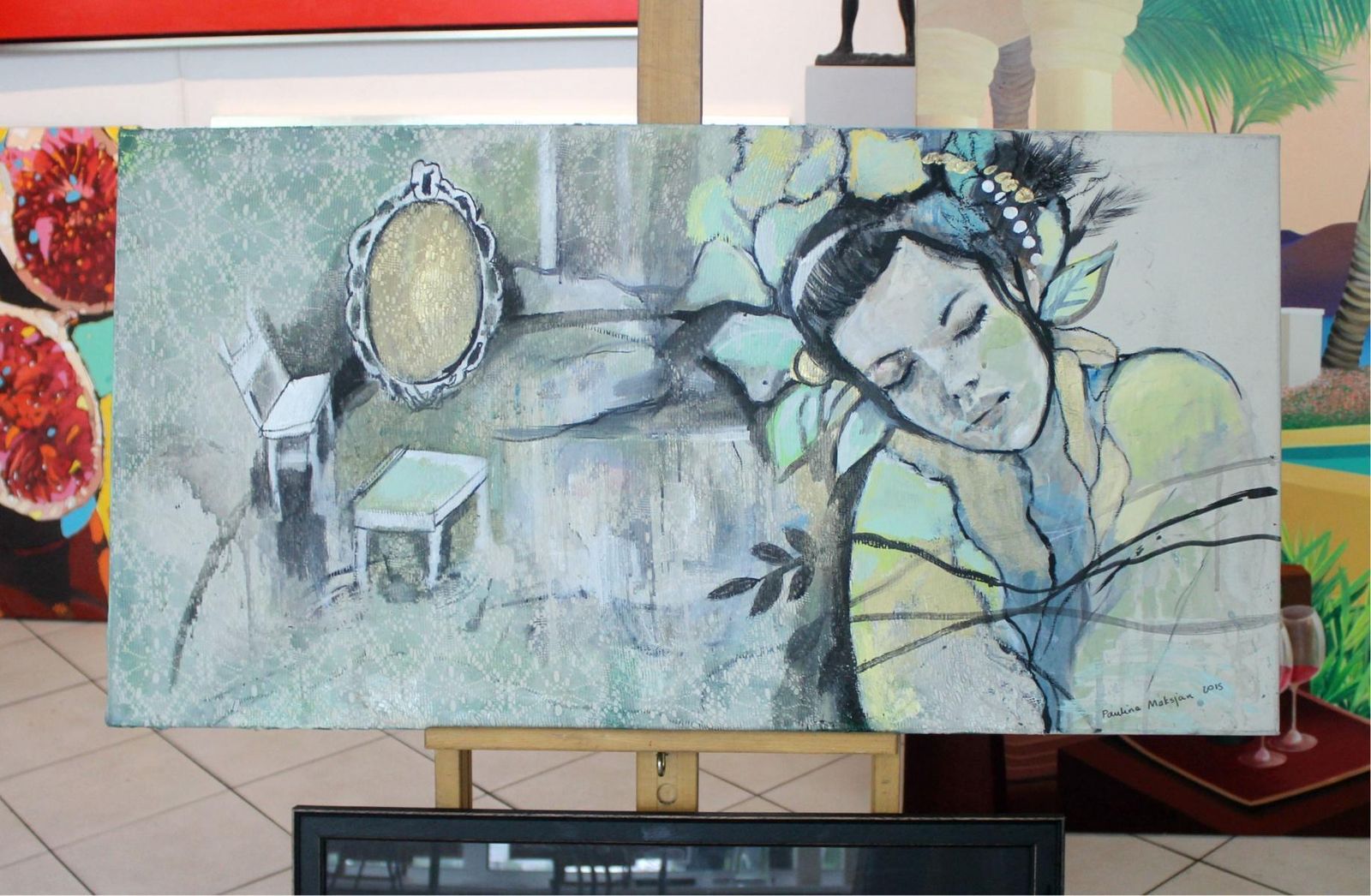 Paulina Maksjanflowers. Female Portrait, Figurative Painting, Mixed Media, Polish Artist2015 photo furniture
