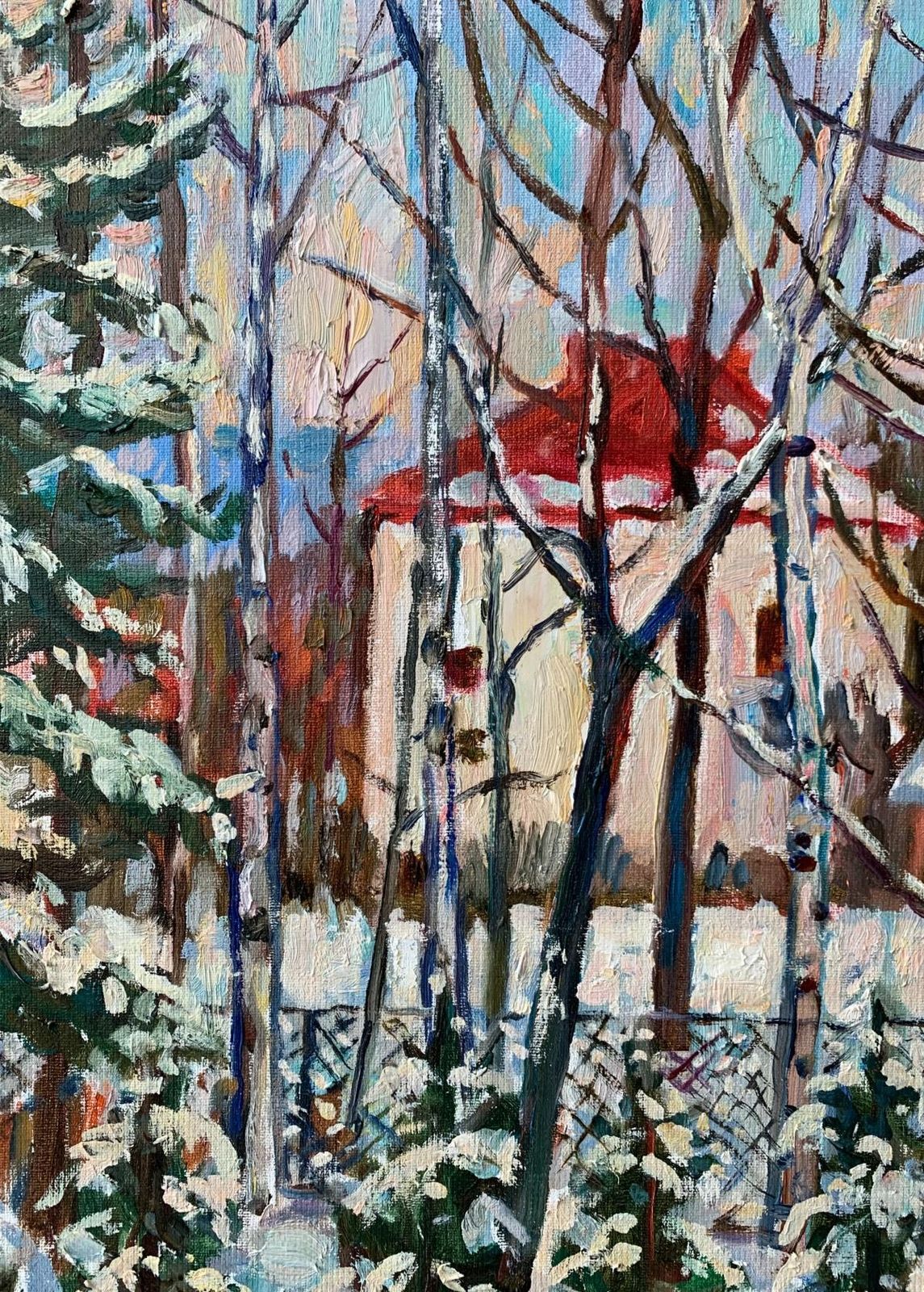 Marek Niedojadłoin The Winter Sun   Oil Painting, Colourful, Vertcal, Trees2021 photo vinterior