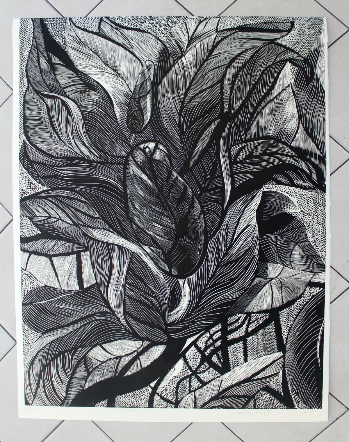 Marta Bozykblack Flower   Xxi Century, Contemporary Floral Linocut, Black And White2017 photo furniture
