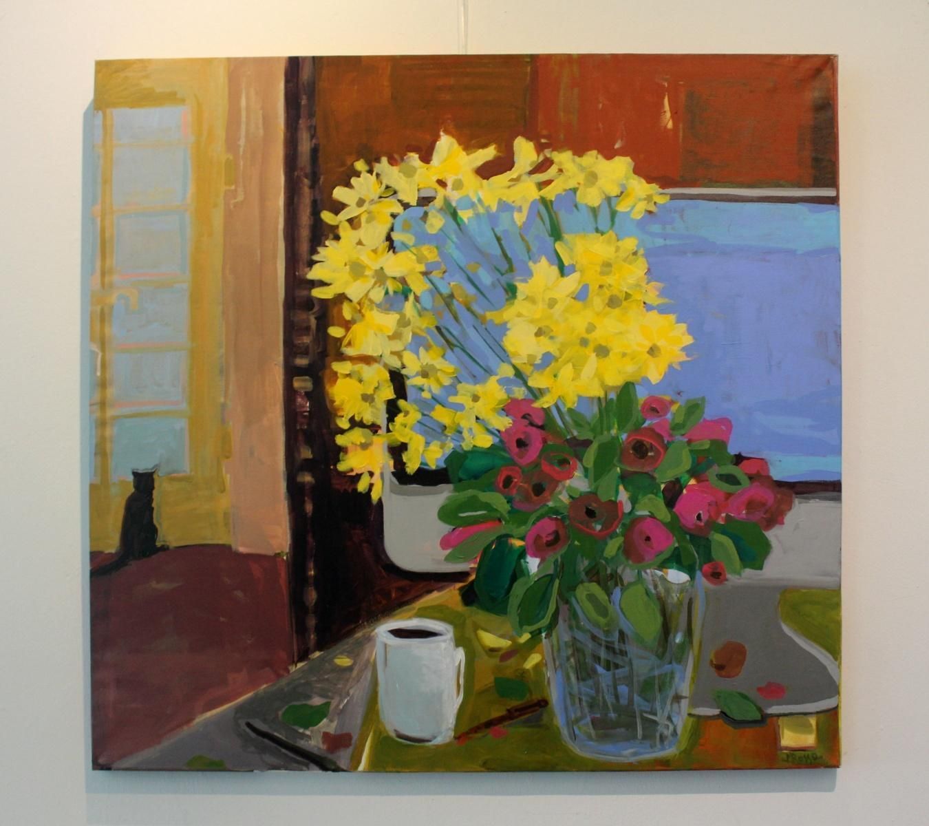 Monika Rossastill Life With Flowers   Xxi Century, Contemporary Oil Painting, Cat, Colorfulca. 2009 photo Art