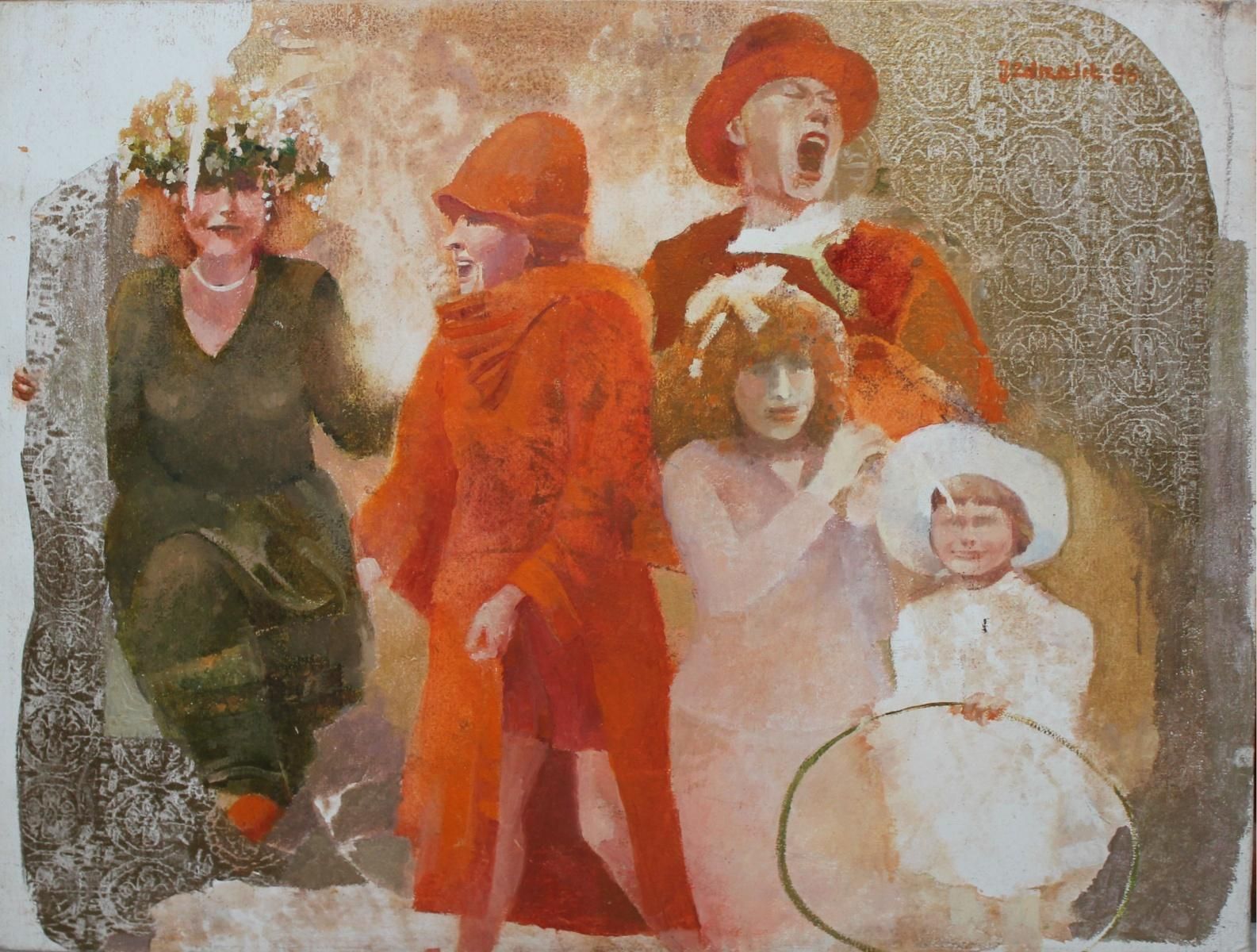 Jolanta Zdrzalikgirl With A Hula Hoop   XX Century, Figurative Oil On Board Painting, Coloful1996