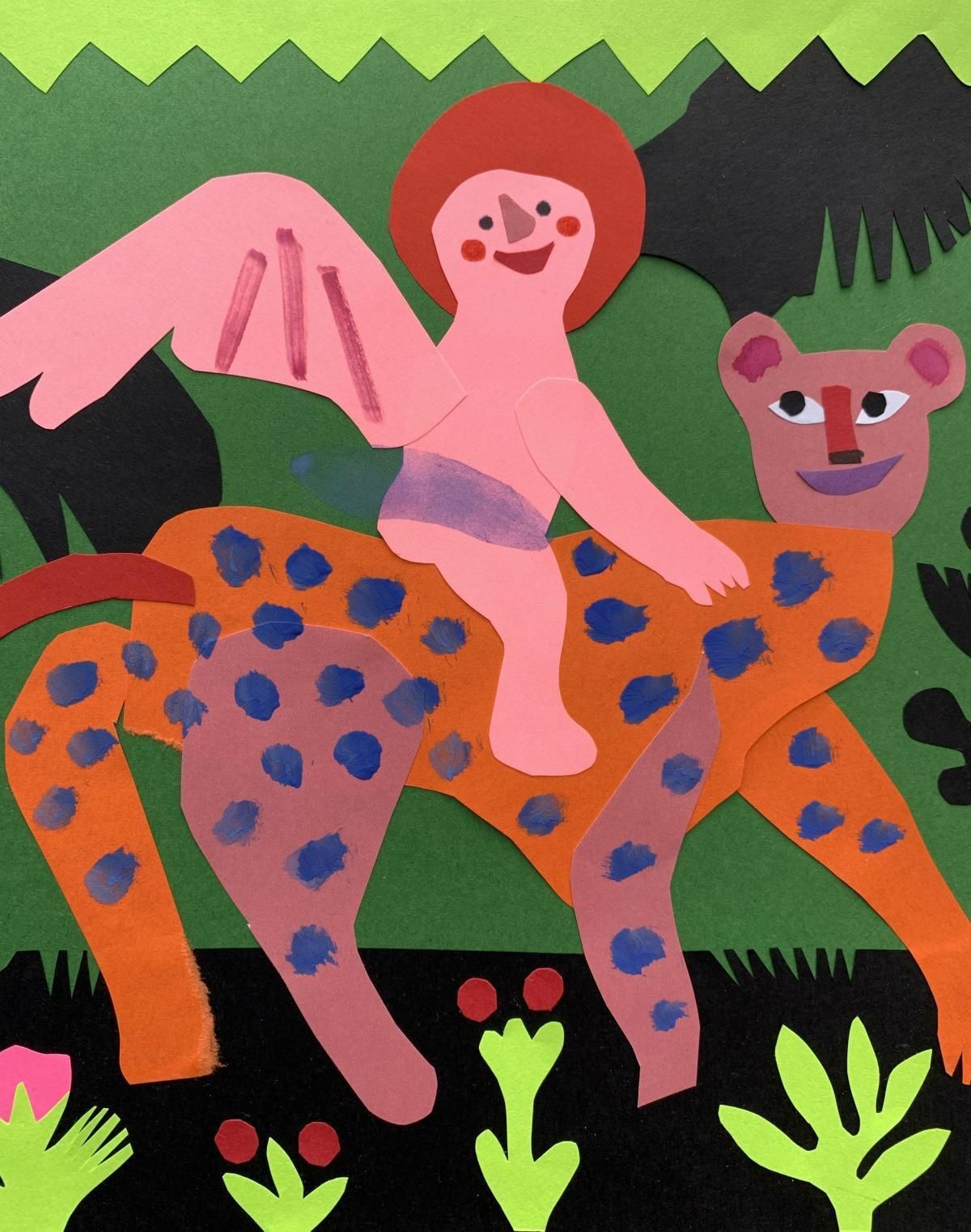 Marianna Oklejakleopard And Cherub. Papercut, Gouache Artwork, Animal, Figurative, Polish Artist2020 photo for sale