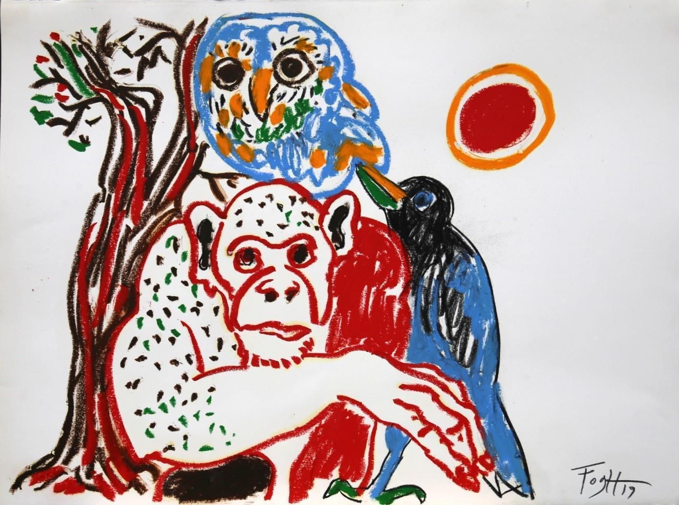 Andrzej Fogttmonkey, Owl And Raven  Polish Master Of Art, Animals Pyramid, Pastel2019