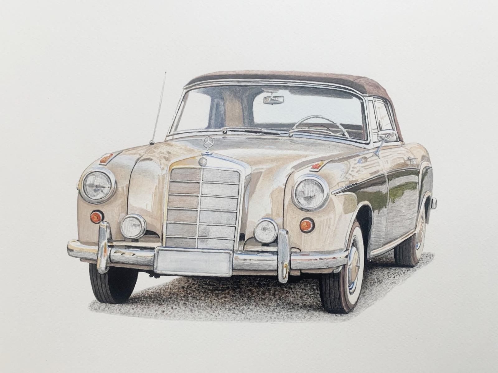 Michal Wojtysiakmercedes W128 Ponton. Figurative Acrylic On Paper Car Painting Polish Art2023 photo Art