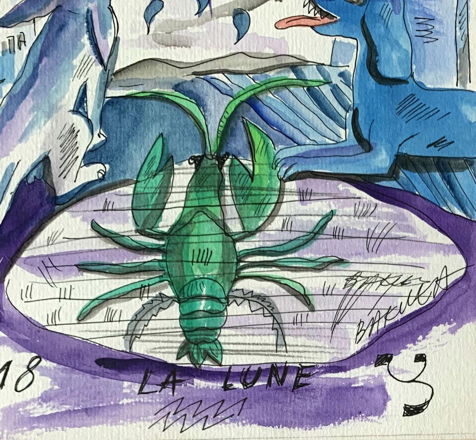 Hanna Bakułala Lune   Watercolor Painting, Figurative, Colourful, Blue Green & Purple2007 photo furniture