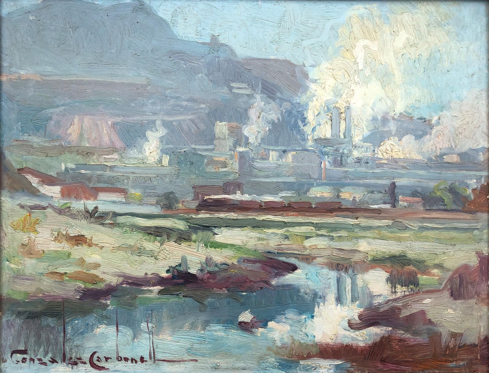 Rosendo Gonzalez Carbonell Industrial River Landscape With Factory Smoke, Spanish Post Impressionist Oil On Panel, Framed, C.1975