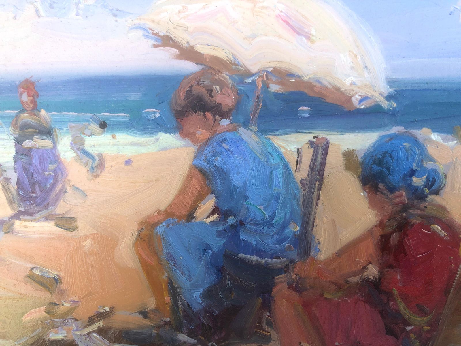 Gabriel Casarrubios Spanish Beach Scene With Figures And Parasols, Mediterranean Impressionist Oil C.2000 photo Art