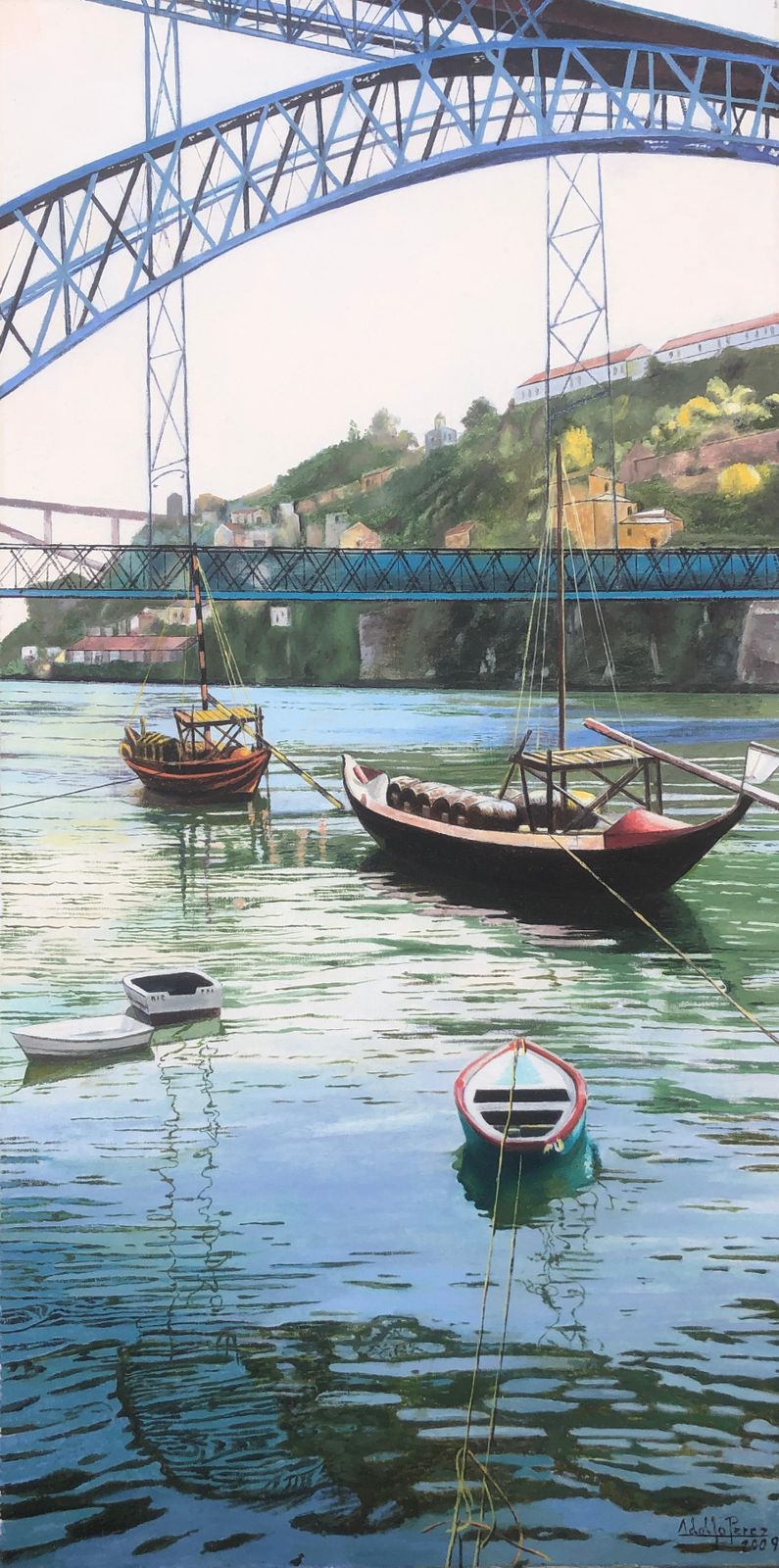 Unknowno Porto Portugal Oil On Canvas Painting Seascape Boats 2009
