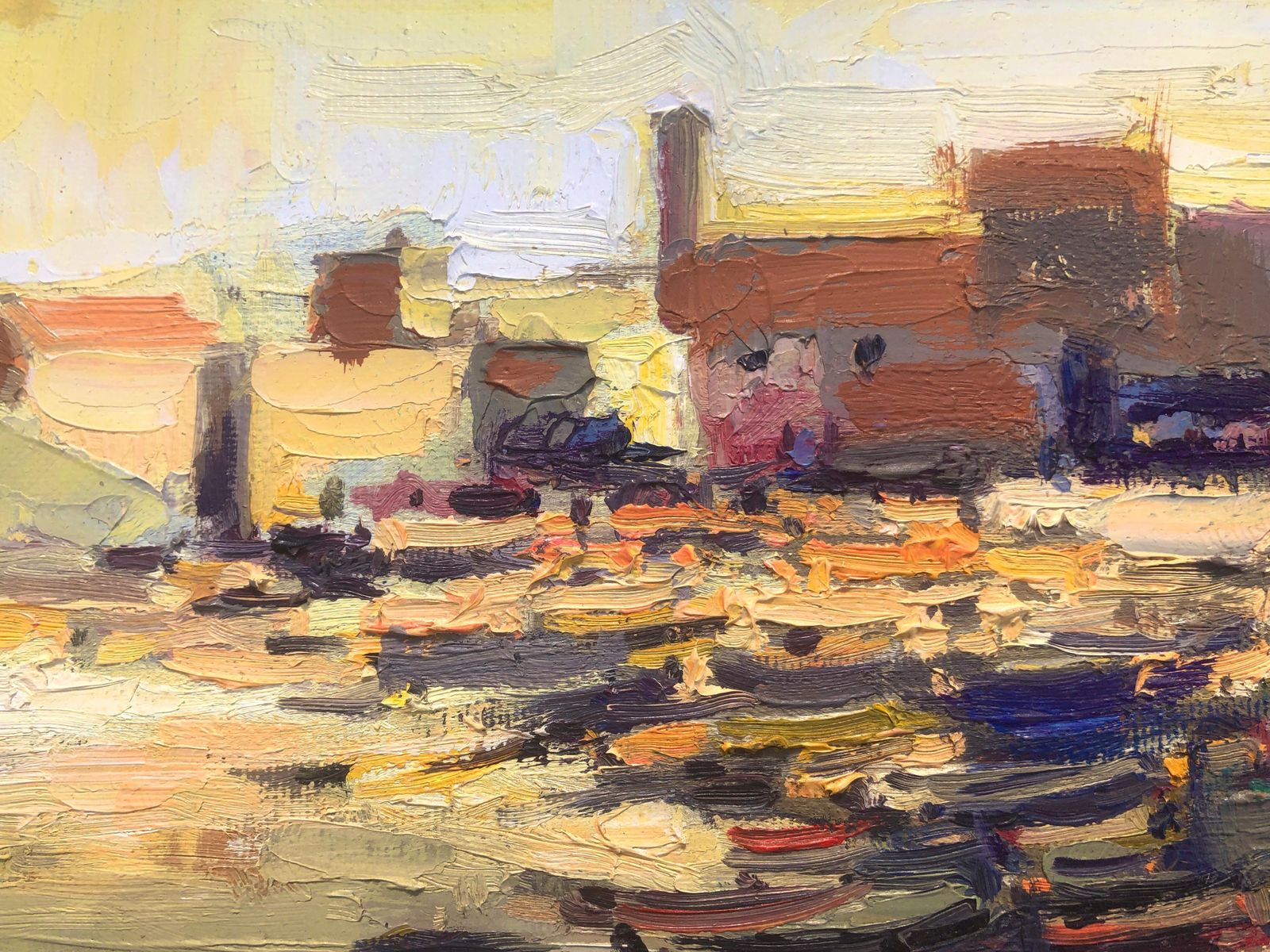 Josep Marfa Guarro Catalan Harbor Mediterranean Boats Post Impressionist Oil Painting Costa Brava 1990s photo buy
