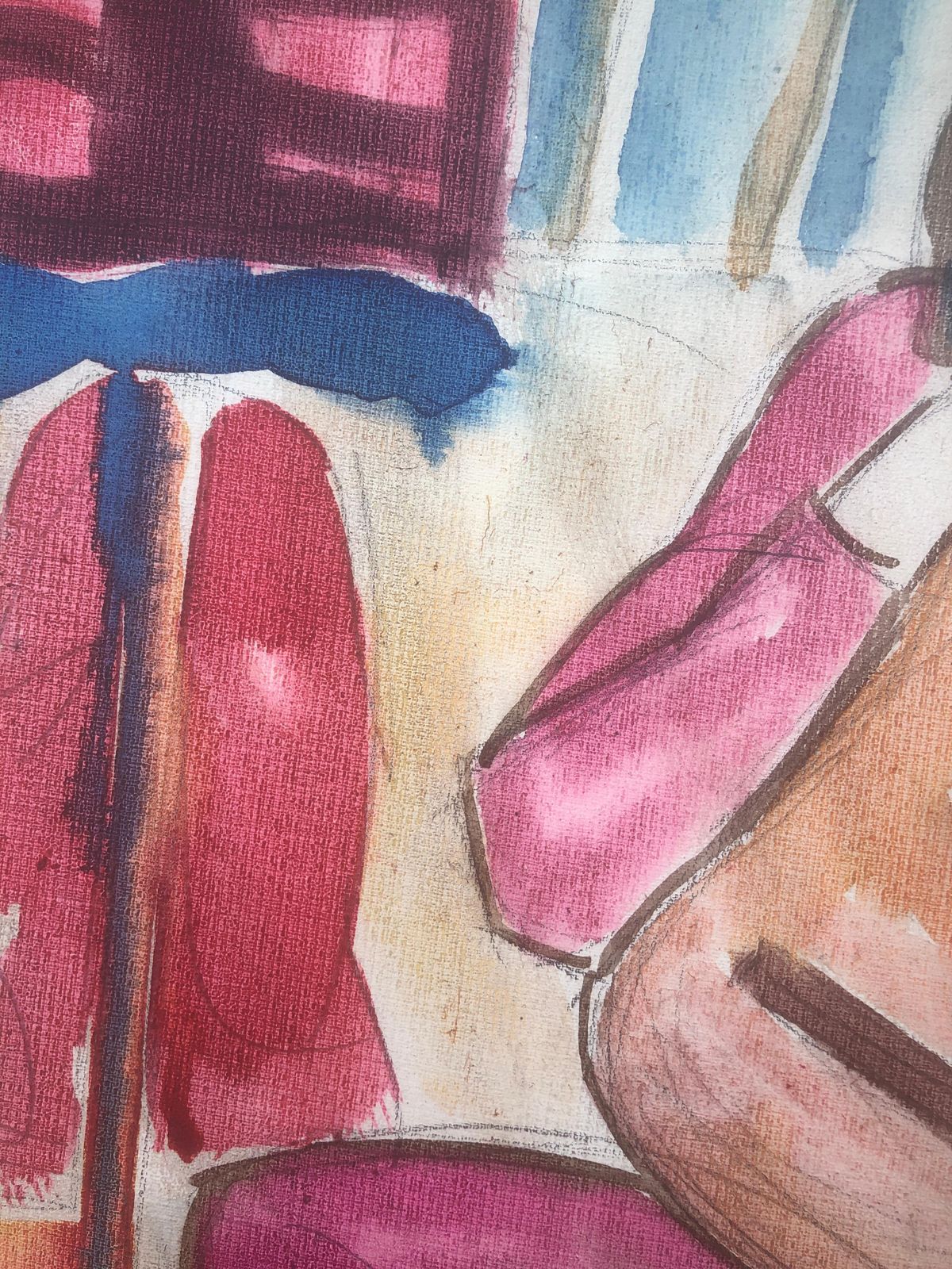 Jordi Curos Woman With Guitar Mixed Media Painting C.1985 photo 500.0