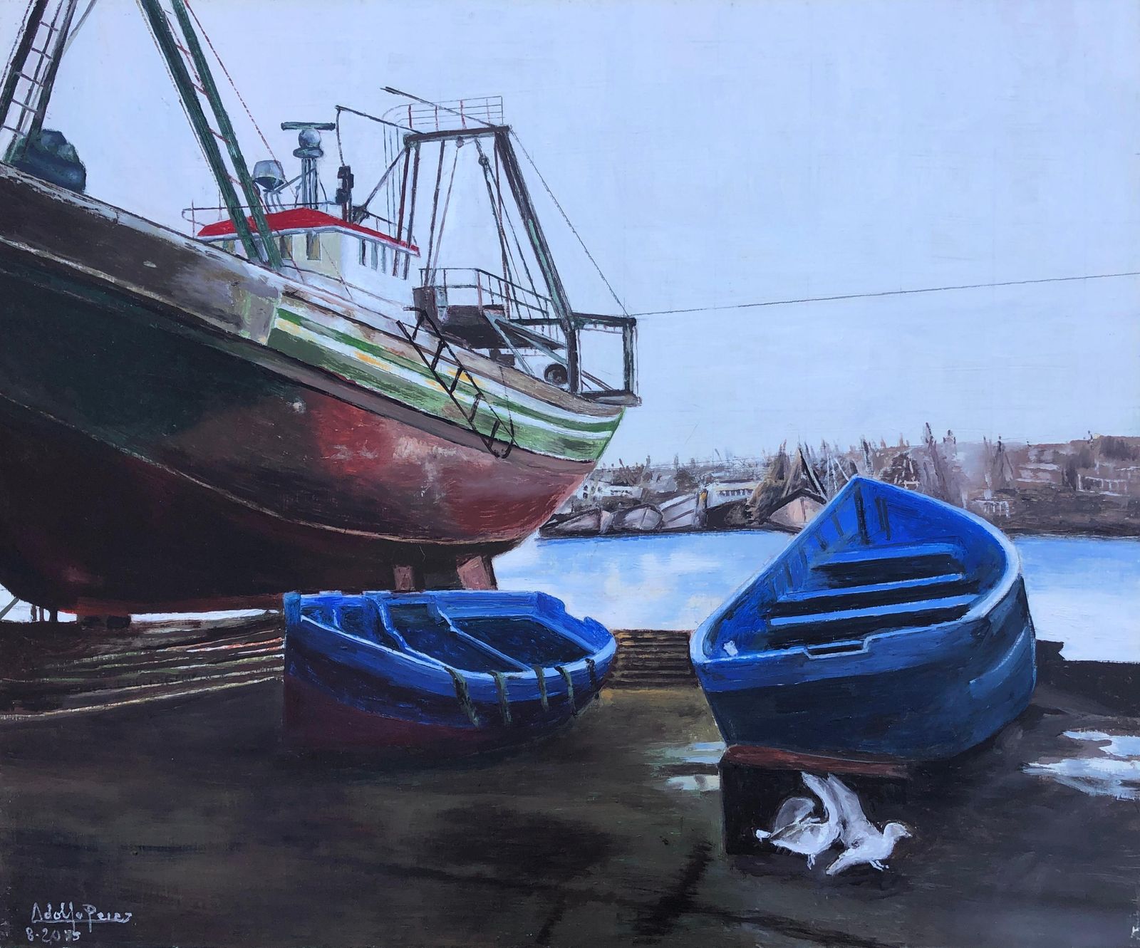 Unknown Fishing Port Essaouira Morocco Oil On Canvas Painting Seascape Boat 2015