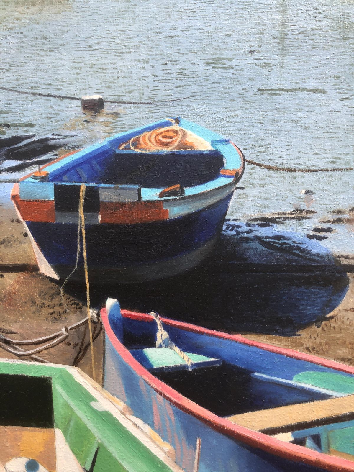 Unknown Barreiro Portugal Oil On Canvas Painting Seascape Beach Boats 2009 photo Art