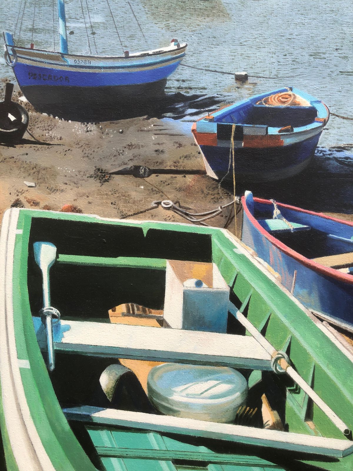 Unknown Barreiro Portugal Oil On Canvas Painting Seascape Beach Boats 2009 photo buy
