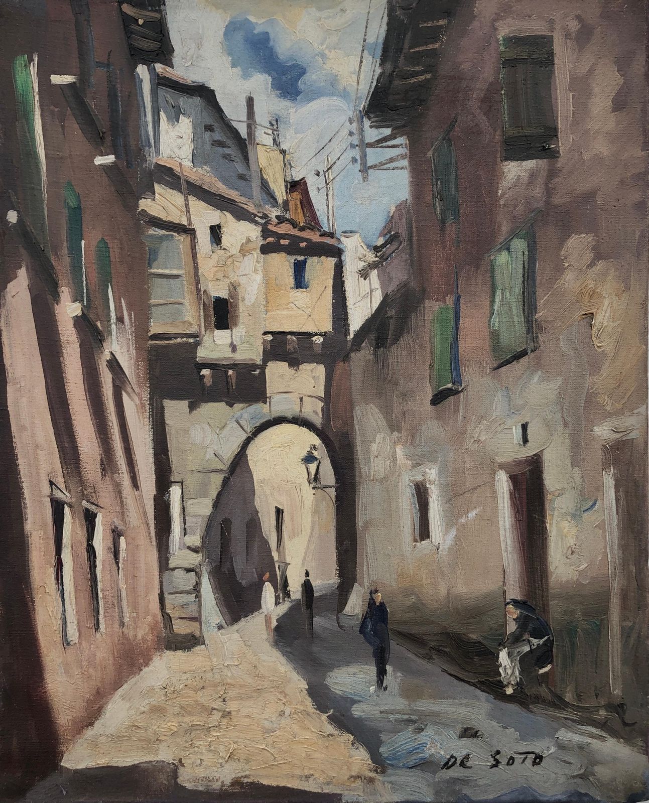 Rafael Fernández De Soto Spaans Stadsgezicht Olieverf Op Doek Spanje Straatscène 1944