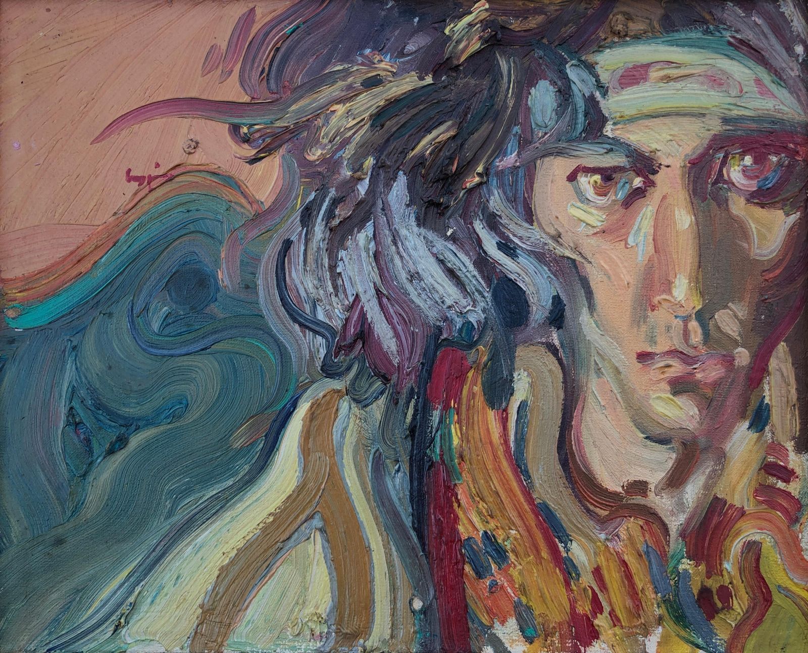 Joan Cruspinera Hippie Portrait Original Oil On Canvas Painting C.1980 photo furniture