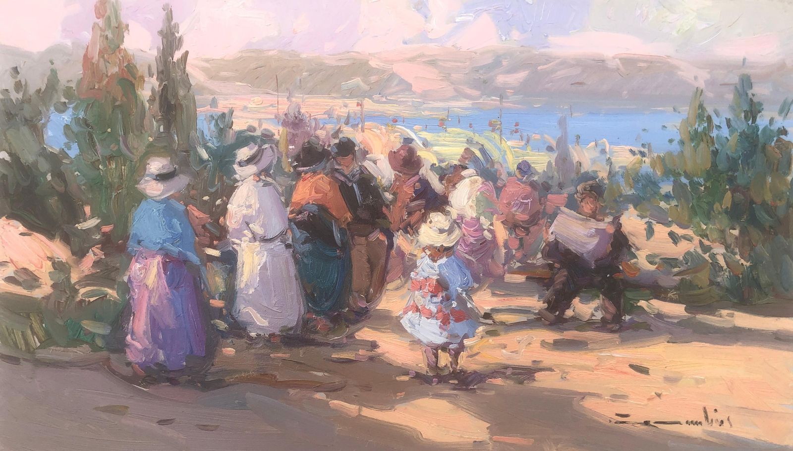 Gabriel Casarrubios Spanish Mediterranean Picnic Scene By The Sea Post Impressionist Oil Painting C.2000
