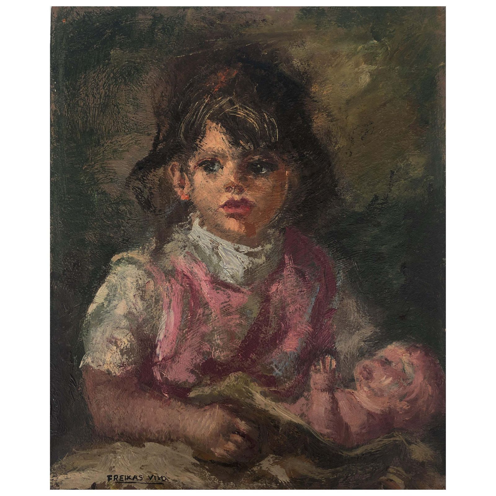 Amadeo Freixas Vivo Young Girl With Baby Oil Painting 1970s Spanish Impressionist Portrait Emotional