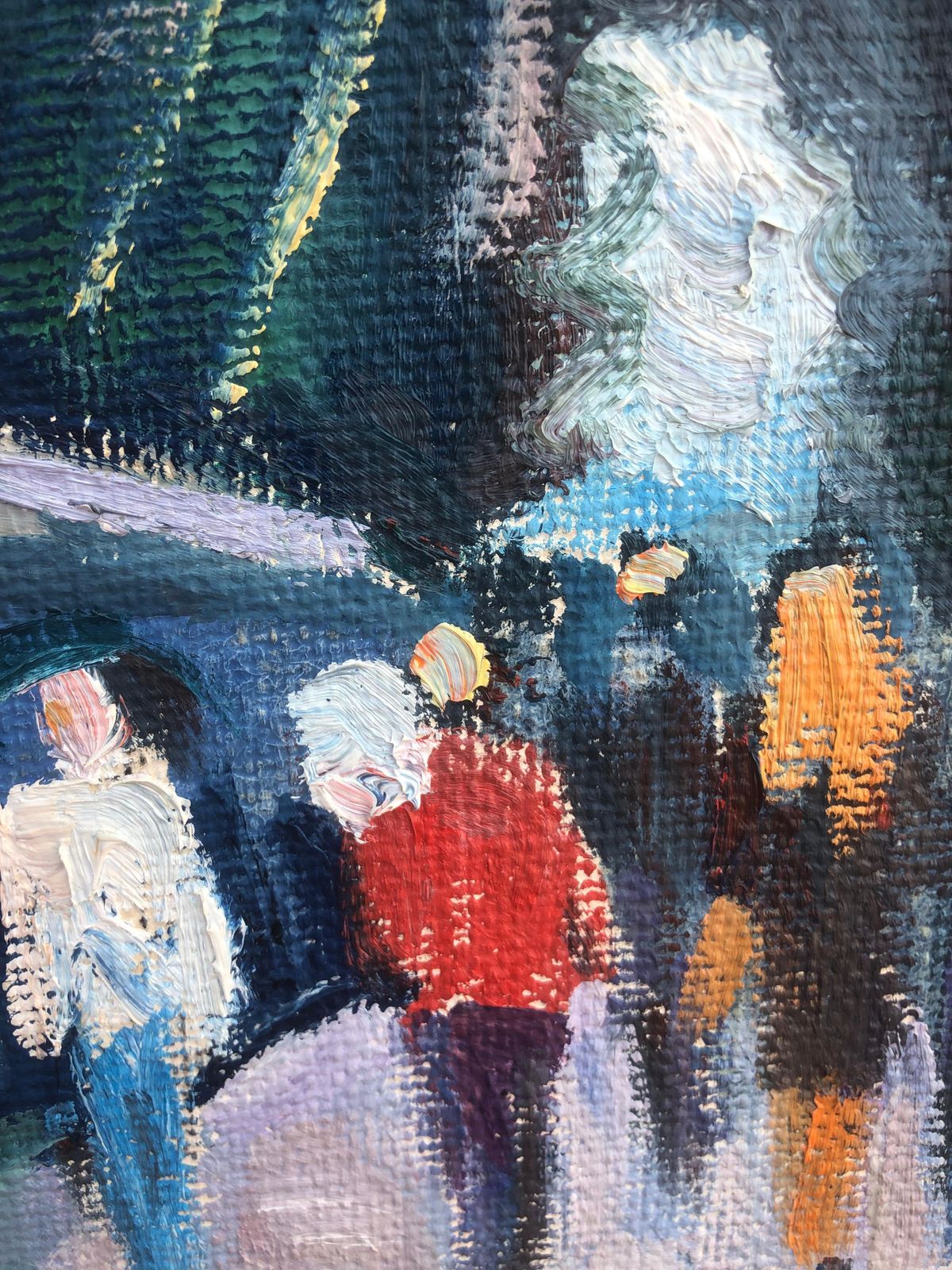 Jordi Curos Barcelona Flower Market Las Ramblas Oil Painting Mediterranean Street Scene 1970s photo for sale
