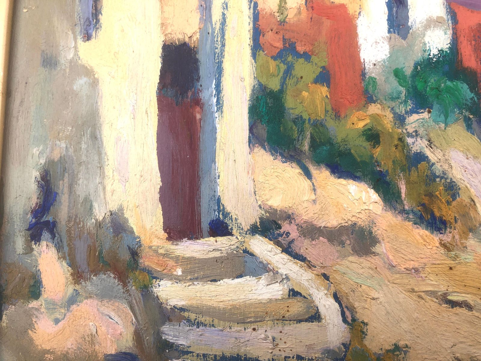 ángel Román Pina – Zonnig Spaans Dorpsgezicht, Post Impressionistisch Olieverfschilderij, Mediterraan Binnenplaatslandschap, Ca. 1960 photo vinterior